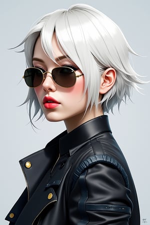 female, solo, clothing, hair, portrait, sunglasses, eyes_closed, jacket, anthro, short_hair, mammal, white_hair, hi_res, eyelashes, simple_background, eyewear, digital_media_(artwork), topwear, 1girl, leather jacket, leather, short hair, white hair, lips, black jacket, simple background, upper body, parted lips