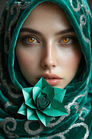 A hyper-realistic close-up portrait of a woman’s face, enveloped in an emerald green scarf made of velvet, wrapping around her head and partially covering her face. The scarf features intricate silver swirl embroidery, with delicate curves and spirals that create an elegant, flowing pattern. Her visible amber eyes catch the low ambient light, showing soft gradients of gold within her irises. Her expression is serious, with a steady focus. The scarf’s velvet texture appears plush and reflective in the dim lighting. An origami flower, folded from emerald green paper, is placed within the frame, its clean, sharp folds contrasting with the soft, textured velvet.