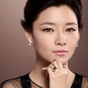 1girl,solo,looking at viewer,short hair,simple background,black hair,brown eyes,jewelry,closed mouth,upper body,earrings,black eyes,lips,ring,realistic,hand on own chin
