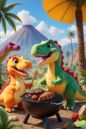 A plush dinosaur family having a barbecue picnic in a prehistoric valley. The scene is playful and colorful, with palm trees, volcanoes in the distance, and other plush dinosaurs playing games. The baby dinosaurs are eagerly watching the food being grilled. 
intricate details.
(masterpiece, award winning artwork)
many details, extreme detailed, full of details,
Wide range of colors, high Dynamic
  plushify, character stuffed toy, chibi   