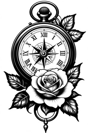 lineart tattoo design of (a vintage chain watch, a retro compass and a rose superimposed), ((drawing lines)), drawing in black and withe, thick lines, filagree, realistic, white backgroung, monster, Leonardo Style,Pencil Draw,Fashion Illustration,Flat vector art,pencil sketch