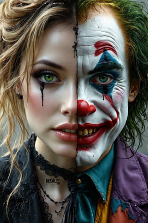 This is a highly detailed, realistic digital painting depicting a beautiful goth woman, half human, sinister clown. her left side is beautiful and graceful, she has blond hair and green eyes, everything looks human on her left side with a touch of gohtic makeup.
on the right side, her clown sinister face shows, with black tears.
her sinister clown side smiles maniacally, while your human side radiates a charming smile, the text "DETAILED SKIN" written in botton with elegant font