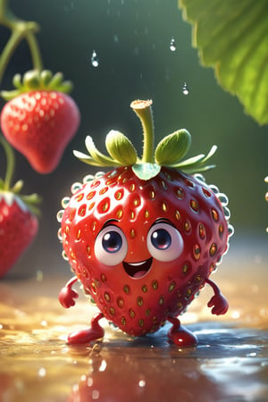 ((masterpiece:1.3,concept art,best quality)),very cute appealing anthropomorphic strawberry,looking at the viewer,big grin,happy,fruit,berry,droplets,macro,sunlight,fantasy art,dynamic composition,dramatic lighting,epic realistic,award winning illustration
