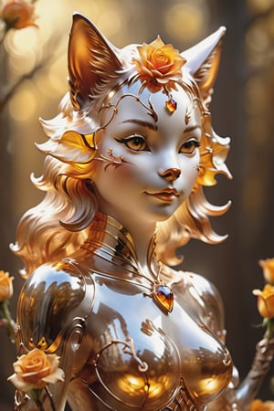 Professional portrait shot of a cat in glass knight armor in an enchanted forest. (realistic cat mask on the whole face). Her (face ultra realistic image of the cat's muzzle covered with fur:) 1, 2 with high detail,  beautiful (light brown eyes),  she is stroking a cute fawn,  her long copper hair fluttering in the wind,  her body is made of translucent transparent glass,  inside which you can see intricate delicate little flowers,  her translucent glass body reflects the foliage in the surroundings,  a work of beauty and complexity,  warm studio lighting,  golden ratio,  80mm digital photography with sharp focus on the eyes,  Alberto Seveso style,  inside her translucent glass body,  dynamic composition,  Girl dancing,  glass,  steampunk style,  detailmaster2,  amber glow,  clear glass,  crown of roses,  flower vines in the background,  closeup, Spirit Fox Pendant, , , , , 
,Clear Glass Skin,Xxmix_Catecat,photo r3al