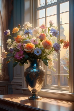 painting of a bouquet of flowers in vase, stunning detailed scene, ((window in background)), wide shot, bright soft diffused light, glow, digital painting, artstation, concept art, intricate, highly detailed, volumetric lighting, masterpiece, trending on Artstation, art by artgerm and greg rutkowski and alphonse mucha, hdr 4k, 8k