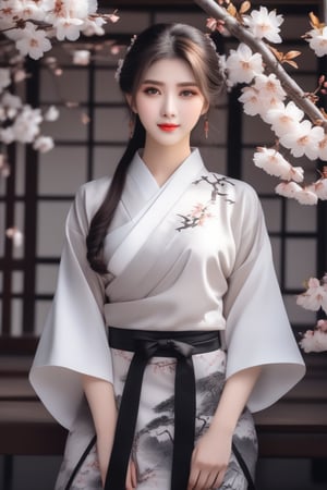 anime girl in full white outfit holding Japanese tshirt and wearing black skirt, in the style of traditional chinese painting, romantic fantasy, oil paintings, dark bronze and gray, cherry blossoms, serene faces, photo-realistic techniques 