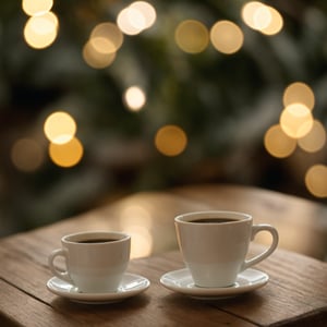 A white cup of coffee stands on a wooden table against the background of bokeh, lights, a beige book and a camomile lie nearby, beautiful atmospheric light, sharp-focus, high-quality, artistic, unique, attention to detail, realistic photography,