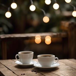 A white cup of coffee stands on a wooden table against the background of bokeh, lights, a beige book and a camomile lie nearby, beautiful atmospheric light, sharp-focus, high-quality, artistic, unique, attention to detail, realistic photography,