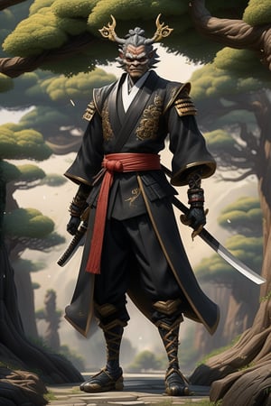 (masterpiece,best quality, ultra realistic,32k,RAW photo,detailed skin, 8k uhd, high quality:1.2), pixel-art painting of a anthropomorphic tree samurai with two branches for arms holding katanas, wearing a black formal tuxedo, digital painting, trending on artstation, highly detailed, photorealistic