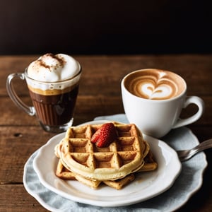 yellow Viennese waffles are poured with liquid chocolate on a plate, there is a cup of cappuccino on the table next to it, two strawberries are on a plate next to the waffles, professional colour grading, soft shadows, no contrast, clean sharp focus, food photography, bokeh, hyper-realistic photography, dramatic light