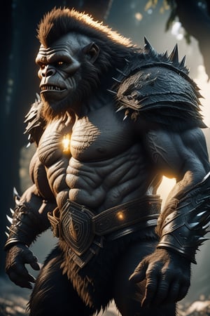 Bigfoot, Feral Ork in armor hyper realistic photograph, profile portrait, dark fantasy, magic, light flare intricate details unreal engine octane render, 8k