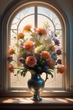 painting of a bouquet of flowers in vase, stunning detailed scene, ((window in background)), wide shot, bright soft diffused light, glow, digital painting, artstation, concept art, intricate, highly detailed, volumetric lighting, masterpiece, trending on Artstation, art by artgerm and greg rutkowski and alphonse mucha, hdr 4k, 8k