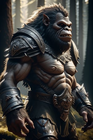 Bigfoot, Feral Ork in armor hyper realistic photograph, profile portrait, dark fantasy, magic, light flare intricate details unreal engine octane render, 8k