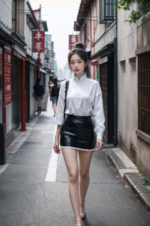 young asian lady walking in chinese street, hyper realistic, 4k