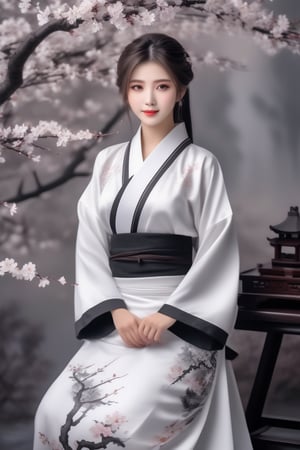 anime girl in full white outfit holding Japanese tshirt and wearing black skirt, in the style of traditional chinese painting, romantic fantasy, oil paintings, dark bronze and gray, cherry blossoms, serene faces, photo-realistic techniques 