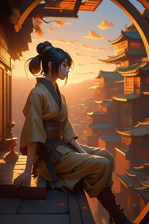 (masterpiece,best quality, ultra realistic,32k,RAW photo,detailed skin, 8k uhd, high quality:1.2), cubist artwork digital anime art in the style of netflix arcane, cute female shinobi sitting on an old oriental roof at golden hour, wlop, alphonse mucha, greg rutkowski, ilya kuvshinov, backlit . geometric shapes, abstract, innovative, revolutionary