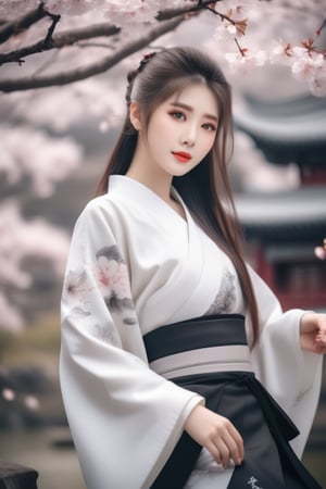 anime girl in full white outfit holding Japanese tshirt and wearing black skirt, in the style of traditional chinese painting, romantic fantasy, oil paintings, dark bronze and gray, cherry blossoms, serene faces, photo-realistic techniques 