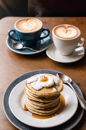 stacks of pancakes lie on a plate and are poured with maple syrup, steam over the pancakes, there is a cup of cappuccino on the table next to it, two berries are on a plate next to the pancakes, sun glare, professional colour grading, soft shadows, no contrast, clean sharp focus, food photography, bokeh, hyper-realistic photography, warm soft light,