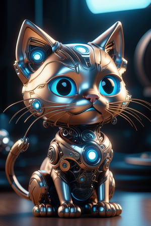 A hyper-detailed complex 3d render of a cute cyborg kitten made out of metal, glowing cinematic, detailed wire, vibrant details, unreal engine, octane render, cinematic shot, flawless detail, award-winning, expertly crafted, meticulously composed photography, creative, 8k, rim light, dynamic lighting