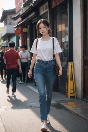 young asian lady walking in chinese street, hyper realistic, 4k