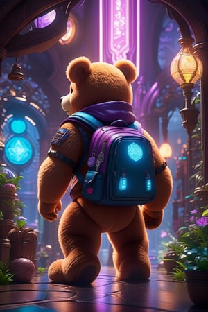 (masterpiece,best quality, ultra realistic,32k,RAW photo,detailed skin, 8k uhd, high quality:1.2), neonpunk style a beautiful colorful interesting detailed sci-fi storybook fantasy scene of a teddy bear wearing a backpack walking through Wonderland, magic the gathering, Marc Simonetti and Anato Finnstark, neon pastel color palette, vibrant 8k rendering, Pixar concept art, trending on artstation HQ . cyberpunk, vaporwave, neon, vibes, vibrant, stunningly beautiful, crisp, detailed, sleek, ultramodern, magenta highlights, dark purple shadows, high contrast, cinematic, ultra detailed, intricate, professional