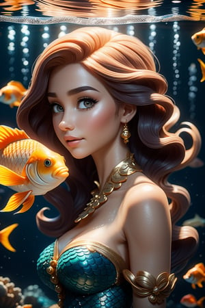 portrait of a beautiful mermaid. there are a lot of small goldfish around and against the background of marine life. the light barely breaks through the water column. Cinematic, 35mm, F/2.8, Vignette, 4k, Spotlight, Cinematic Lighting, insanely detailed and intricate, elegant, ornate, super detailed,