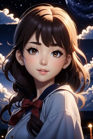 girl in light clothing, style artist oyari ashito, against the night sky, night, portrait, satisfaction, enjoyment, manga graphics, anime, drawing, dark exposure, bright colors, the highest quality, the highest detail, first-person view, dark tones, Clouds