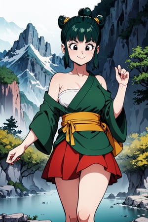 ((masterpiece,best quality)), absurdres,, Yurin_DB,  green kimono, red skirt, sarashi, single bare shoulder, Detailed face, smiling, looking at viewer, mountain in background, cinematic composition, dynamic pose,