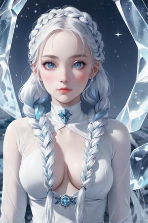 Arctic explorer woman, frostbitten skin, icicle-white braided hair. Eyes, glacial blue depths, witnessing polar mysteries. Lips, chilled berry, narrating tales of the cold. xxmix_girl, detailed eyes