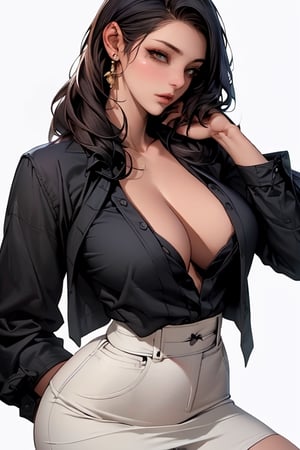 (Masterpiece), (Realistic), (Excellent), (Super Detailed), Awesome, Korean office girl, 28 years old, (wearing black shirt 1.2) blue and a woman in a black tight skirt with an unwilling expression, slightly parted lips, exquisite eye makeup, a slightly chubby figure, collarbones, big breasts, cleavage, medium-long grey hair, (white background), silhouette, yellow eyes, 