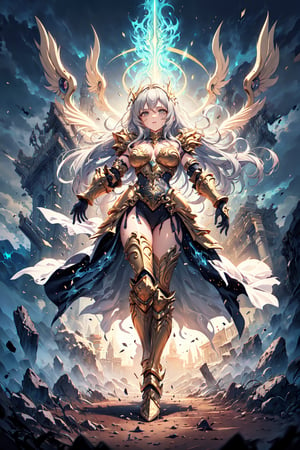 absurdres, highres, ultra detailed,Insane detail in face, (girl:1.3), Gold Saint, Saint Seiya Style, paint splatter, expressive drips, random patterns, bold colors, dynamic texture, spontaneous creativity, shining Gold Armor, Full body armor, no helmet, Zodiac Knights, White long cape, grey hair, grey eyes, gold gloves, long hair, floating_hair, full body armor, beautiful old greek temple in the background, beautiful fields, insane detail full leg armor, god aura, Elysium fields, insane detail in armor, glowing,  ,monochrome,FUJI,midjourney, beautiful breasts, naked,Film(/FUJI/), fantasy00d