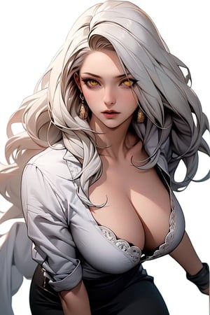 (Masterpiece), (Realistic), (Excellent), (Super Detailed), Awesome, Korean office girl, 28 years old, (wearing black shirt 1.2) blue and a woman in a black tight skirt with an unwilling expression, slightly parted lips, exquisite eye makeup, a slightly chubby figure, collarbones, big breasts, cleavage, medium-long hair, white hair, (white background), silhouette, yellow eyes, 