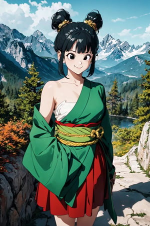 ((masterpiece,best quality)), absurdres,, Yurin_DB,  green kimono, red skirt, sarashi, single bare shoulder, Detailed face, smiling, looking at viewer, mountain in background, cinematic composition, dynamic pose,