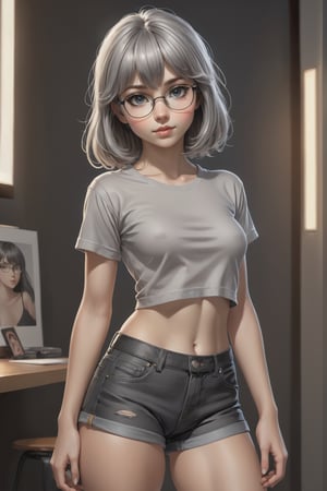 Poster of a cute ((18 year old girl:1.5)), petite girl, whole body, bangs, ((grey hair:1.3)), (Grey eyes), with glasses beautiful girl with fine details, Beautiful and delicate eyes, detailed face, Beautiful eyes, ((realism: 1.2 )), mini black t-shirt underboob, sexy mini black shorts jeans, (full body:1.5), ((perky breasts:0.5)), erotic pose, sexy pose, seductive_pose, barely open legs,