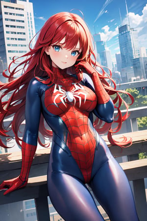  1girl,  beautiful face detail, Extreme long hair, red hair, bright blue eyes,  falling down from sky,  cityscape,  spider_girl, black spider-man costume