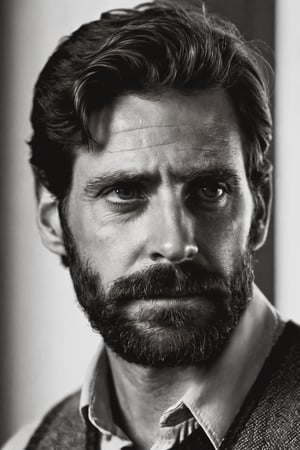 The image shows a close-up of a man with a beard and dark hair. He appears to be pensive or contemplative. The photo is taken in black and white, which accentuates the man's serious expression and adds a timeless character to the scene. The man's facial hair is prominent, and his eyes are deep and focused. He is standing in front of a window, which might suggest that he is indoors or in a well-lit environment. Overall, the image captures a moment of quiet introspection of the man with a concentrated gaze





