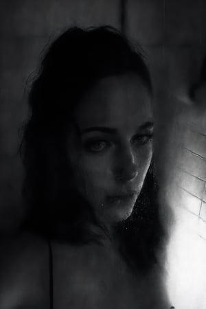 portrait of a mature woman, (very small breasts almost non-existent) naked, hair wet as if just out of the shower, the water also shows on her skin, realistic skin, detailed skin, woman with lady, there are clothes on the floor, you see the toilet and toilet paper, only blue light, she looks at her shoes, there is graffiti on the walls, best picture quality, masterpiece, high quality, realistic, best detail, details, the angle of view is a diagonal angle from the floor upwards, making the model bigger, making her more like a goddess. neon photography style,