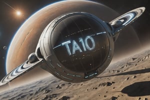 Text "(TA 10K:1.4)" written on the exterior of a futuristic spacecraft approaching a planet