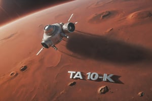 Text "(TA 10K:1.4)" written on the exterior of a futuristic spacecraft approaching the atmosphere of a red planet,Landskaper,EpicSky