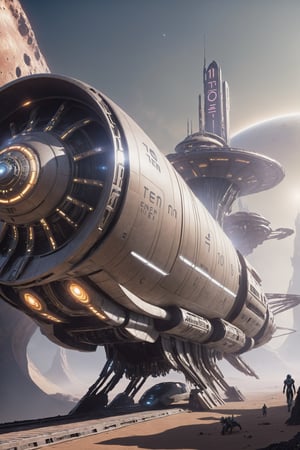 futuristic sci-fi spaceship, rendered, landing on an alien planet, on the outside of the ship is written TensorArt and the (number ten:1.8) is its logo,cyborg style,steampunk style,cyberpunk style