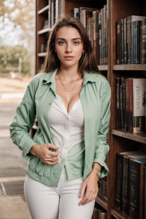 Create a hyper realistic beautiful woman ((18 year old, Milf), old library
 background,messy brown hair,big breast,green eyes,pale skin,wearing white shirt and women's jacket,cleavage,milf,flash