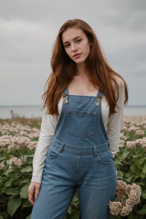 Create a woman, 22 year old, MILF, fit body, wearing dungarees ,lust look, long messy red hair, pale skin, dark make-up, flowers wall,
photo shoot, influencer, instagram, big_breasts
