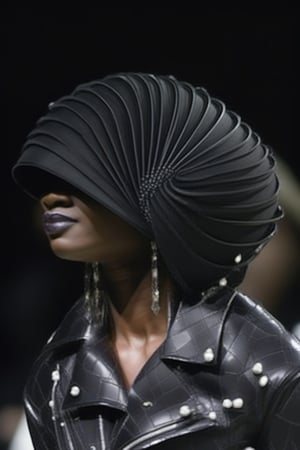 A black woman wearing an avant-garde style diamond-encrusted slinky hat 