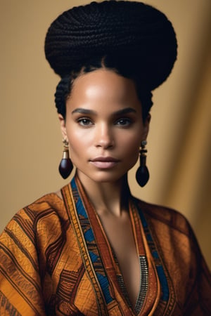 A realistic masterpiece headshot portrait of Zoe Kravitz, beautiful enticing eyes, flawless skin, tapered afro with mini curls, wearing a dashiki, facing the camera, raw image, realistic, skin, hair, clothing, and closed mouth, lips resting together, touching 