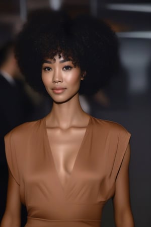 Afro - Asian woman with almond-shaped, slim face, curly afro, defined abs, wearing a V-neck dress, no jewelry