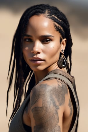 : A realistic masterpiece headshot portrait of Zoe Kravitz, beautiful enticing eyes, flawless skin, wearing a tank, facing the camera, raw image, realistic, skin, hair, clothing, and closed mouth.