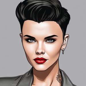 stunning headshot hand sketch of ruby rose, perfect, proportioned, perfect eyes, perfect nose, perfectly cropped faux hawk, black hair, perfect, shapely lips, beautiful jawline, closed mouth, lips resting together, touching