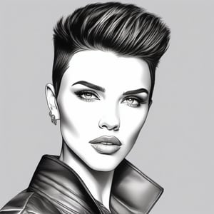 stunning headshot hand sketch of ruby rose, perfect, proportioned, perfect eyes, perfect nose, perfectly cropped faux hawk, black hair, perfect, shapely lips, beautiful jawline, closed mouth, lips resting together, touching