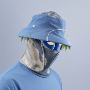 A man with a blue spiked bucket hat, blue mask, sunglasses and blue turtleneck shirt