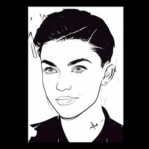 stunning headshot hand sketch of ruby rose, perfect, proportioned, perfect eyes, perfect nose, perfectly cropped faux hawk, black hair, perfect, shapely lips, beautiful jawline, closed mouth, lips resting together, touching